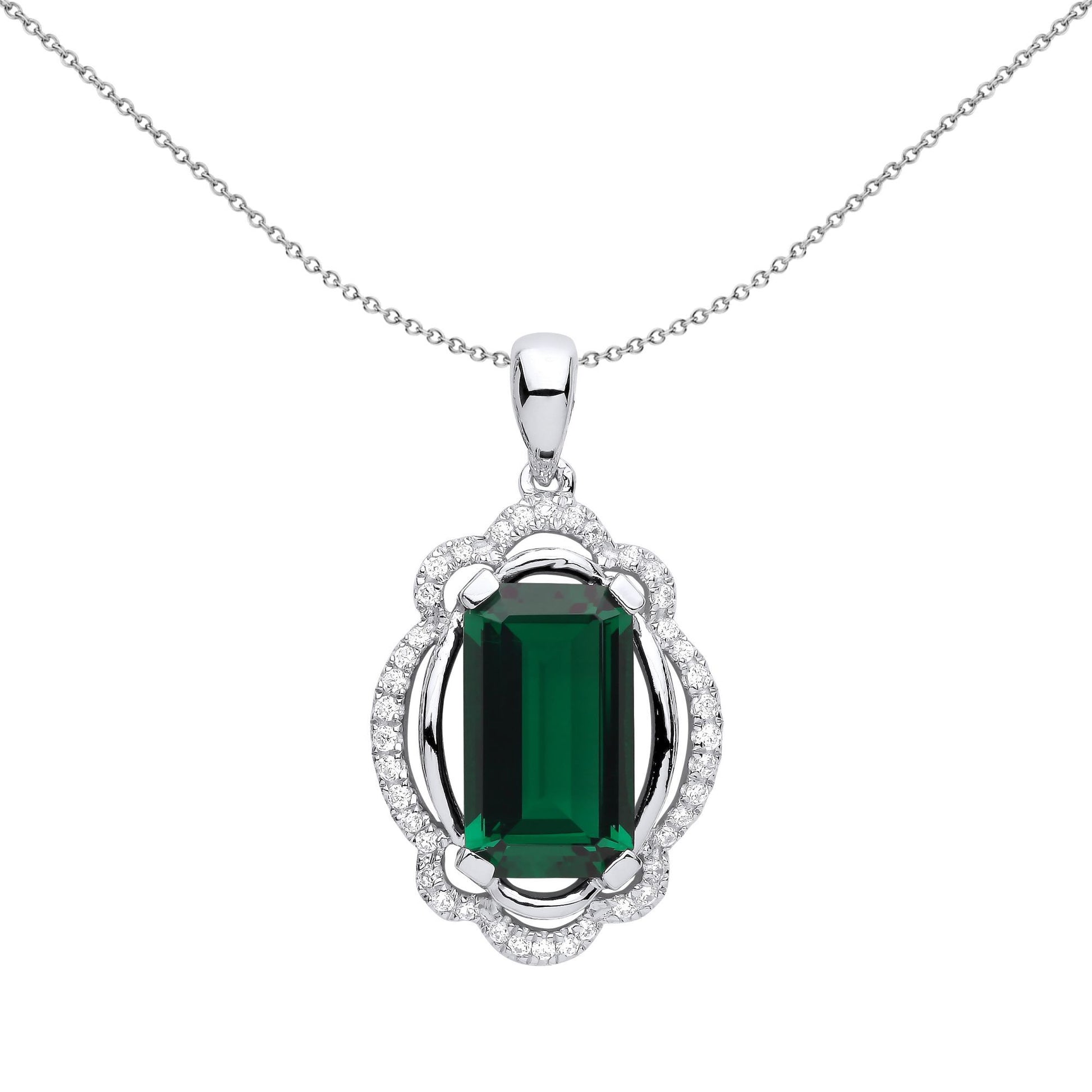 Silver  Green Emerald CZ Scallop Rhombus Oval Necklace - GVP584