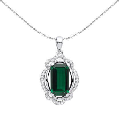 Silver  Green Emerald CZ Scallop Rhombus Oval Necklace - GVP584