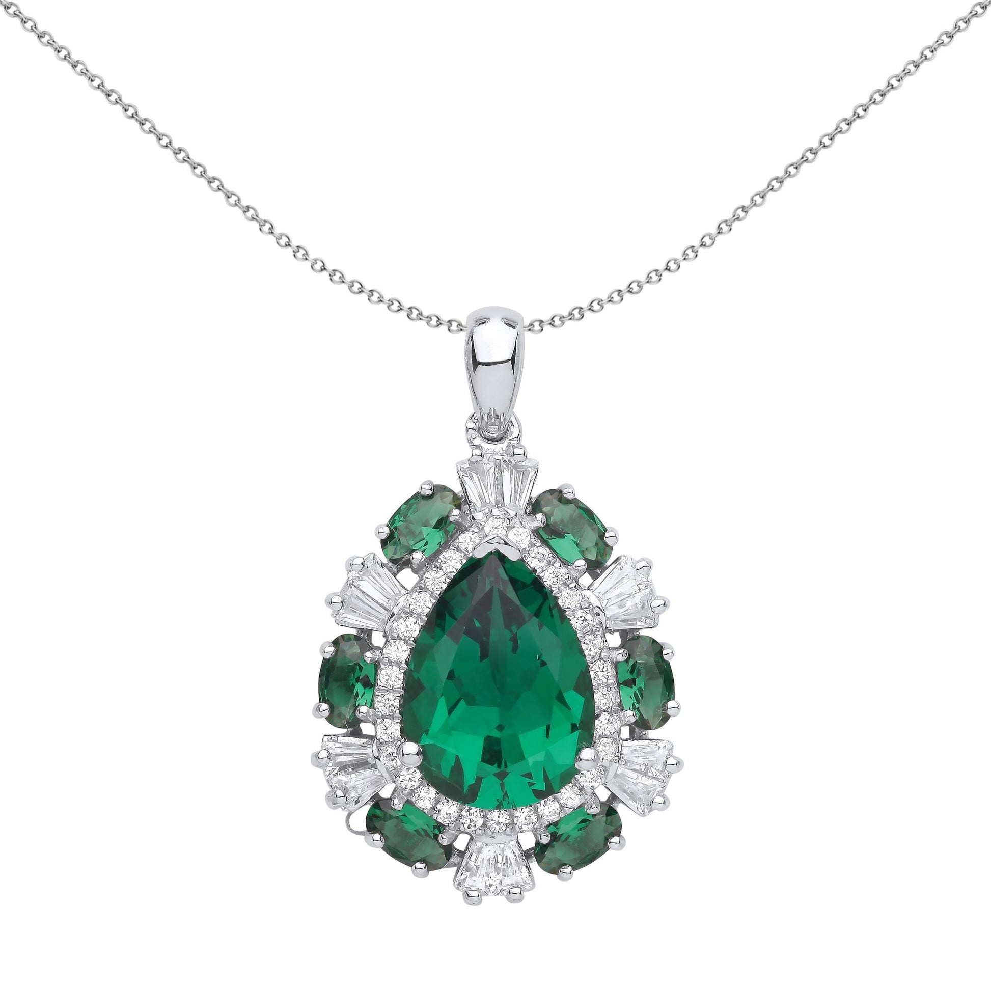 Silver  Green Pear Oval CZ Ovoid Turtle Shell Pendant Necklace - GVP585