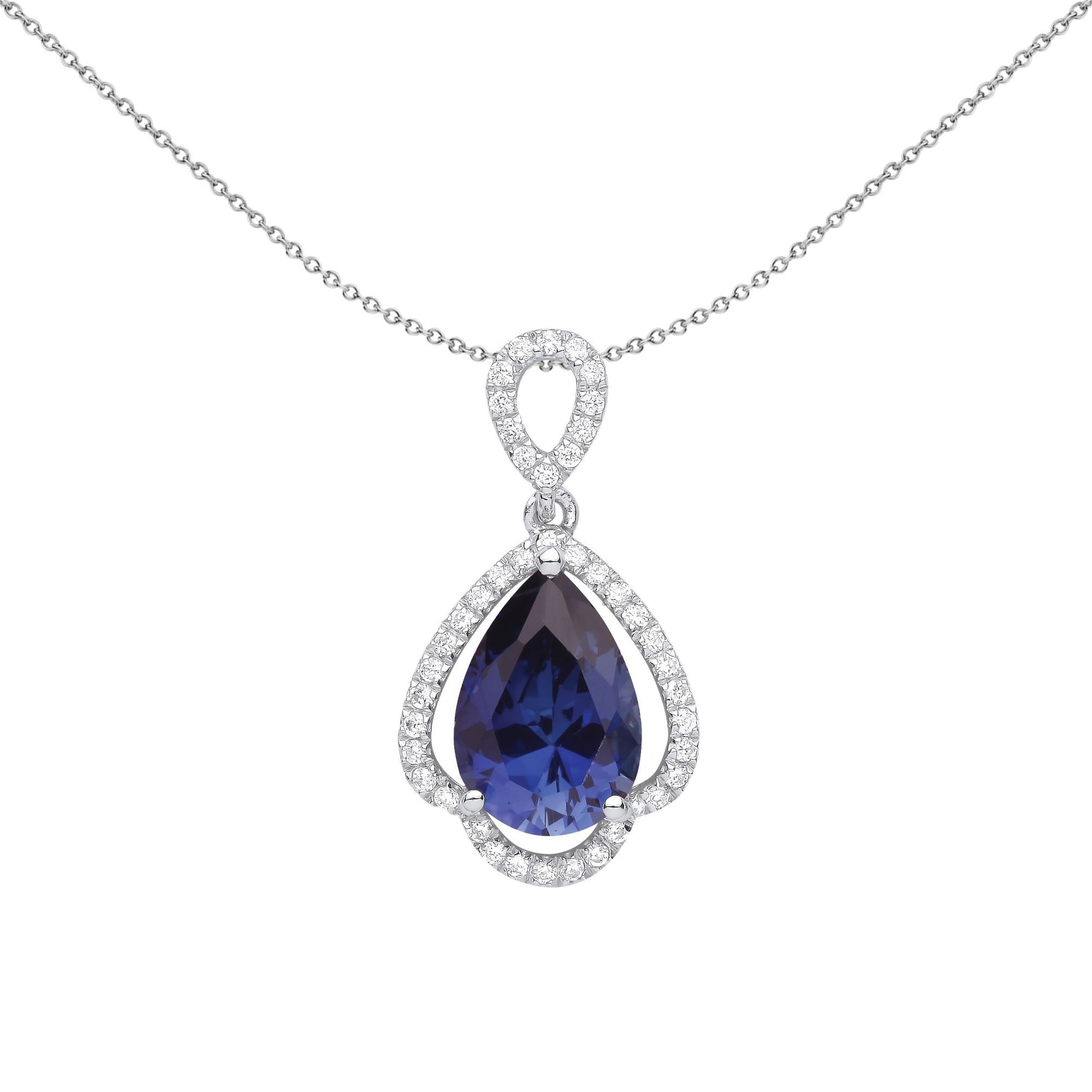 Silver  Blue Pear CZ Toadstool Spade Droplets Pendant Necklace - GVP586