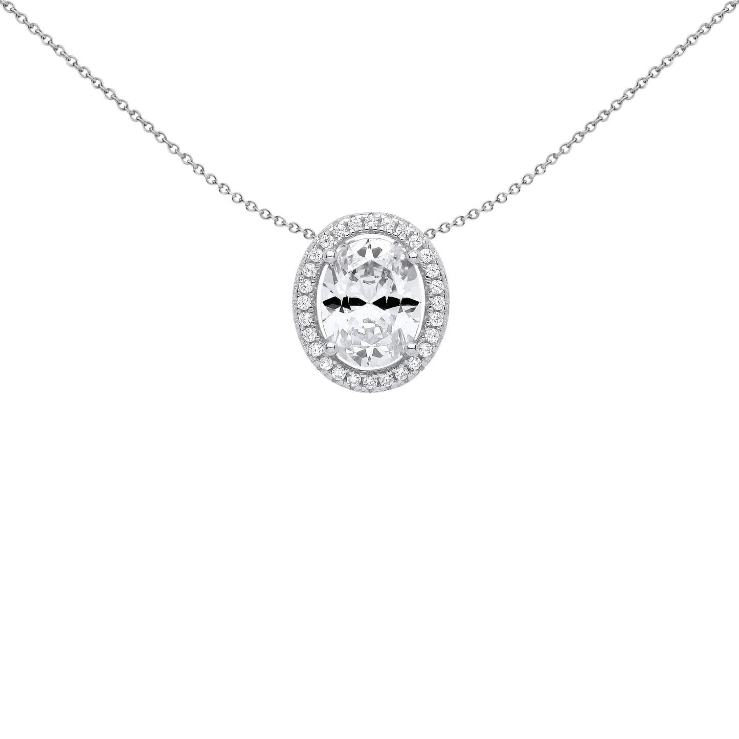 Silver  Oval CZ Oval Halo Solitaire Slider Pendant Necklace 18" - GVP587