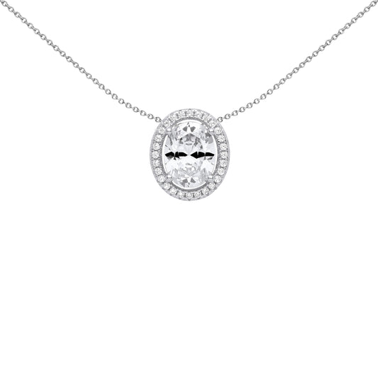 Silver  Oval CZ Oval Halo Solitaire Slider Pendant Necklace 18" - GVP587