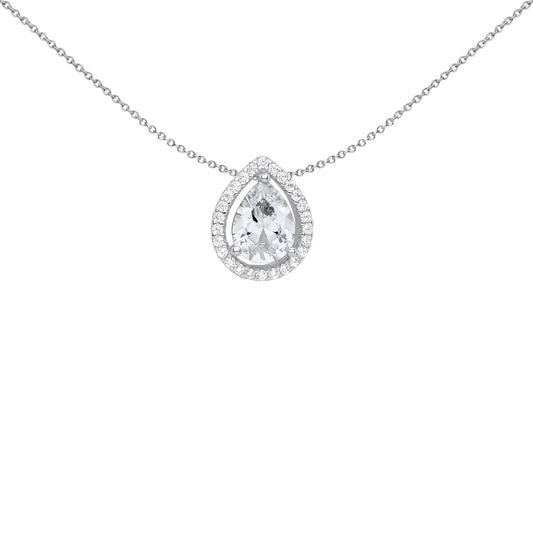 Silver  Pear CZ Tear Droplet Halo Solitaire Slider Necklace 18" - GVP588