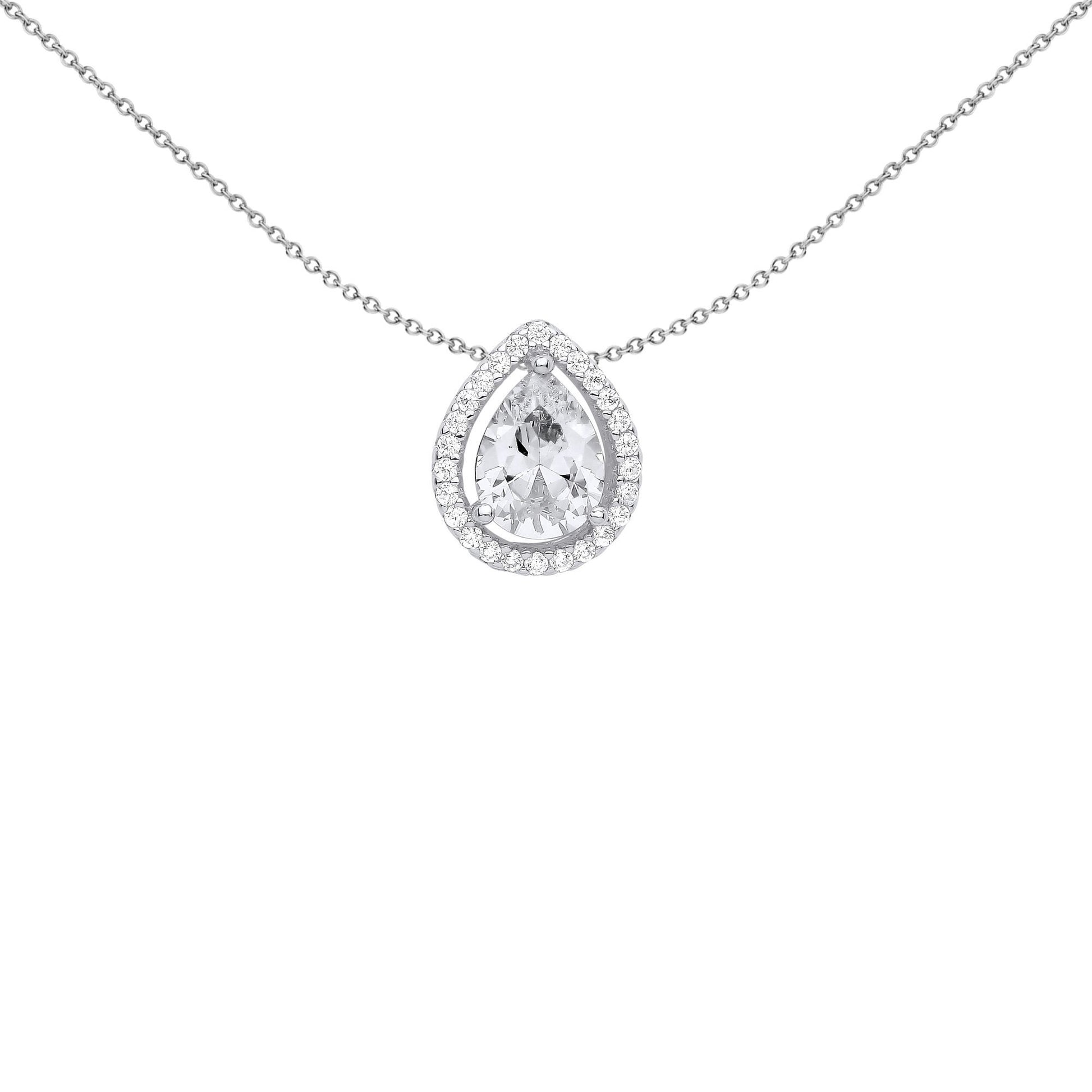 Silver  Pear CZ Tear Droplet Halo Solitaire Slider Necklace - GVP588