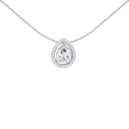 Silver  Pear CZ Tear Droplet Halo Solitaire Slider Necklace - GVP588
