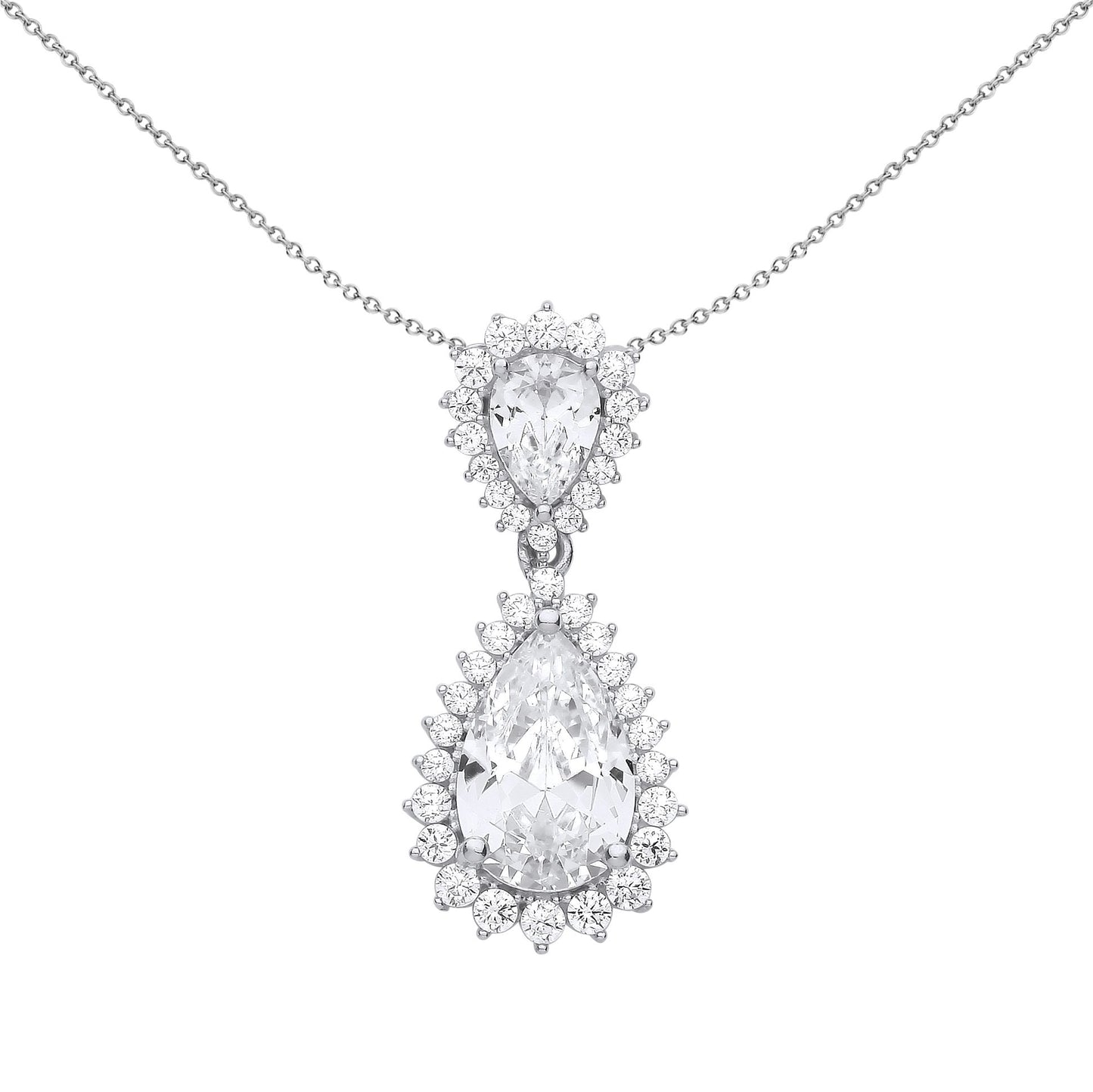 Silver  Pear CZ Fiery Snowflake Chandelier Pendant Necklace 18" - GVP592