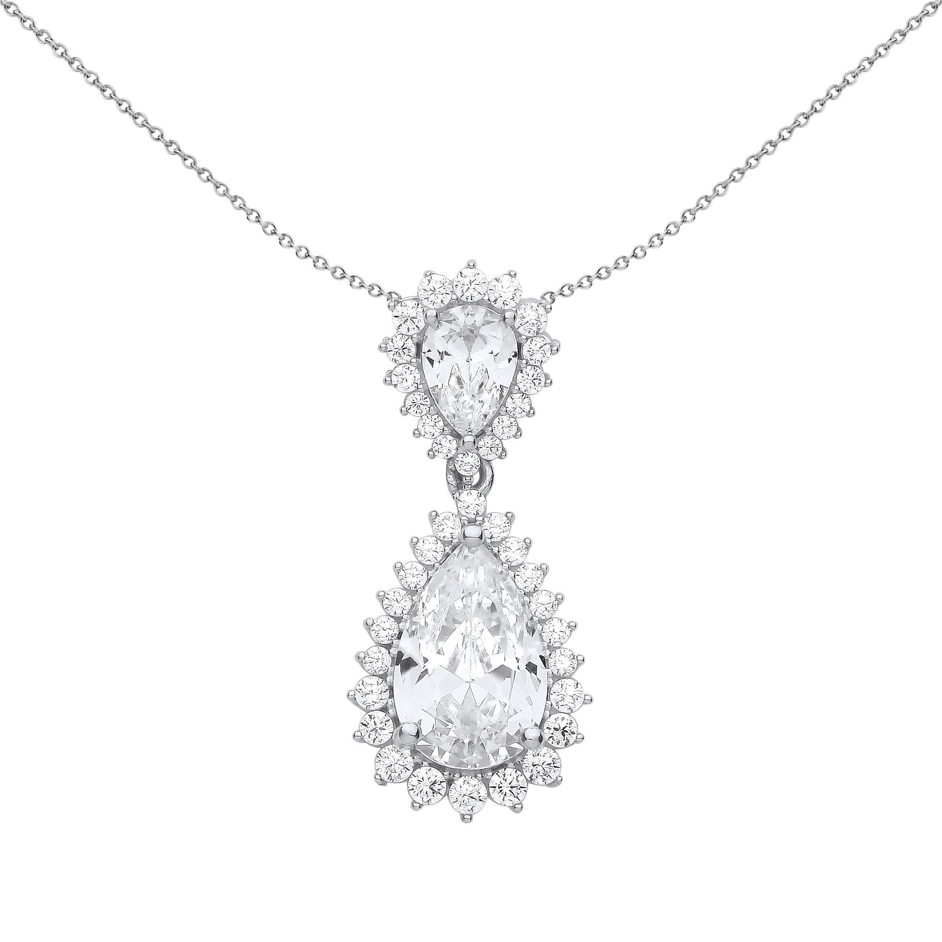 Silver  Pear CZ Fiery Snowflake Chandelier Pendant Necklace - GVP592