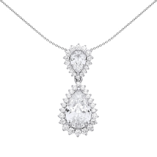 Silver  Pear CZ Fiery Snowflake Chandelier Pendant Necklace 18" - GVP592