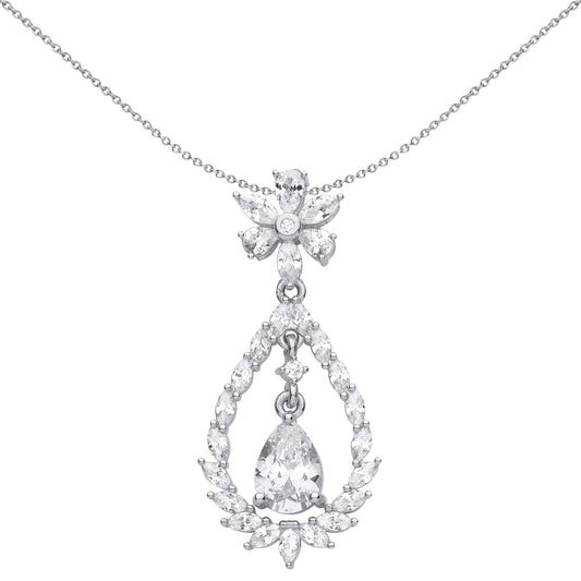 Silver  Pear Marquise CZ Fiery Snowflake Chandelier Necklace 18" - GVP593