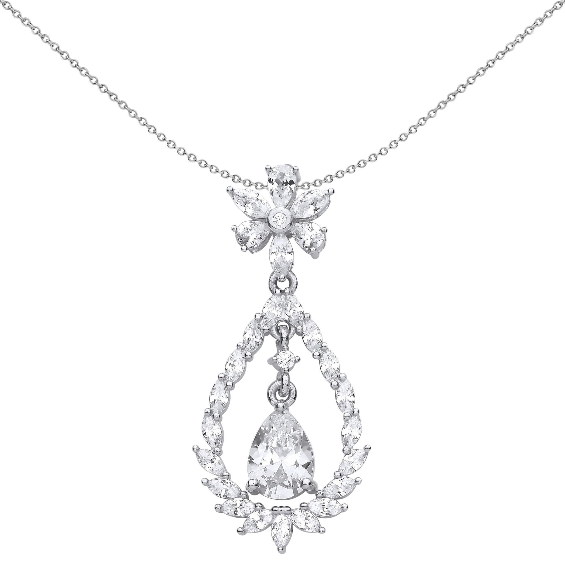 Silver  Pear Marquise CZ Fiery Snowflake Chandelier Necklace - GVP593