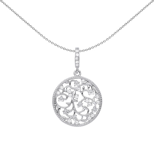 Silver  Cherry Blossom Filigree Circle of Life Pendant Necklace - GVP595