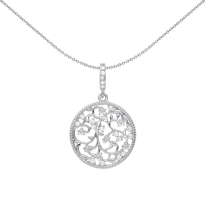 Silver  CZ Cherry Blossom Filigree Circle of Life Necklace 18" - GVP595