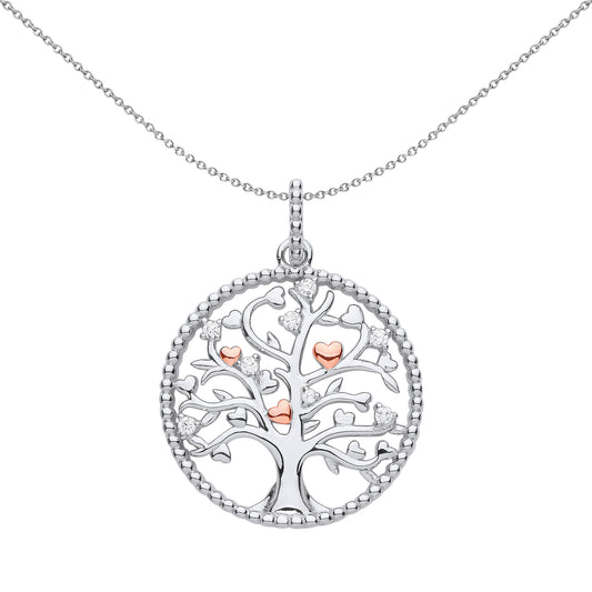 Rose Silver  Bead Circle Tree of Life Love Hearts Pendant Necklace - GVP596