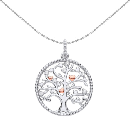 Rose Silver  CZ Bead Circle Tree of Life Hearts Necklace - GVP596
