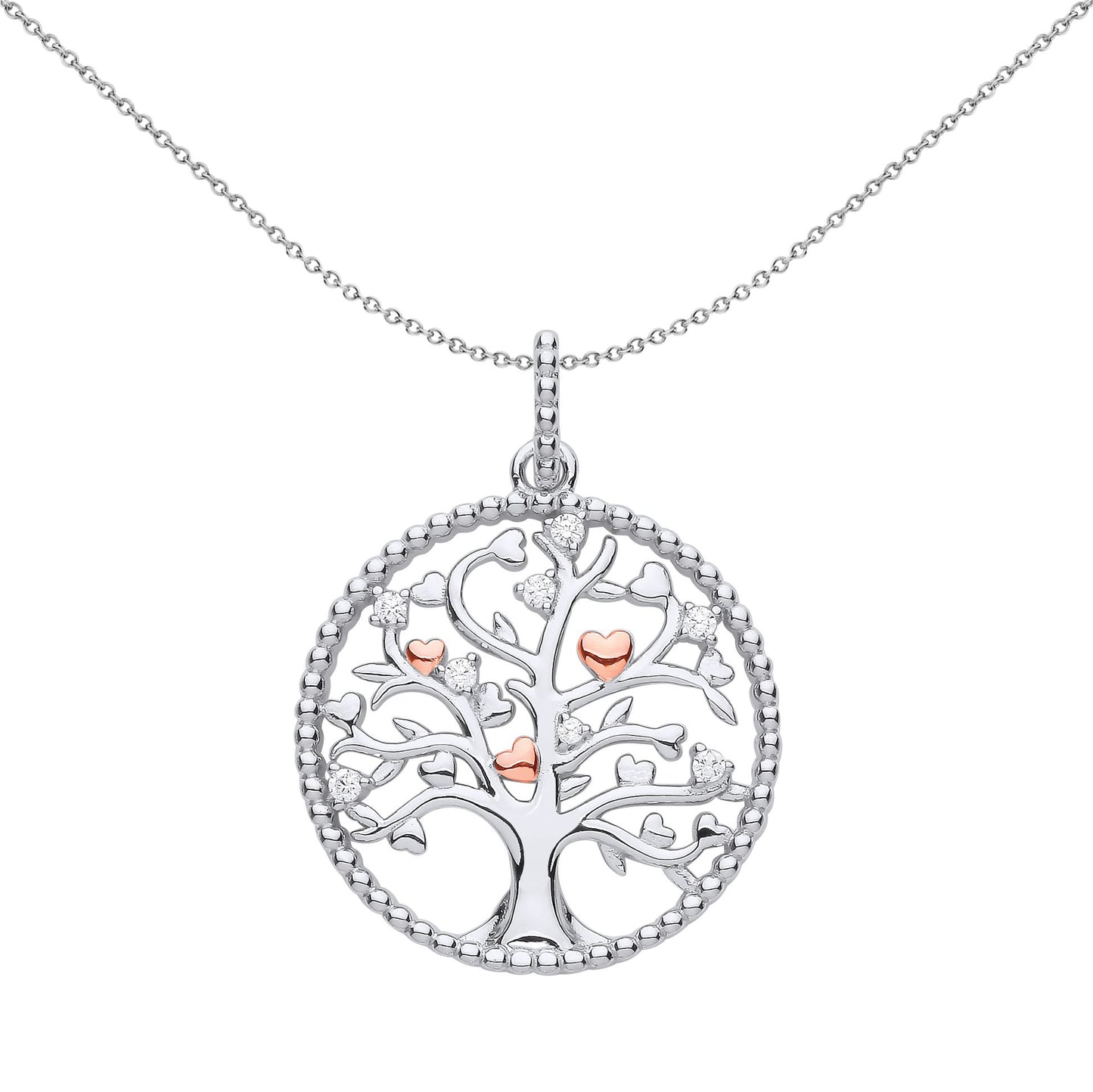 Rose Silver  CZ Bead Circle Tree of Life Hearts Necklace 18" - GVP596