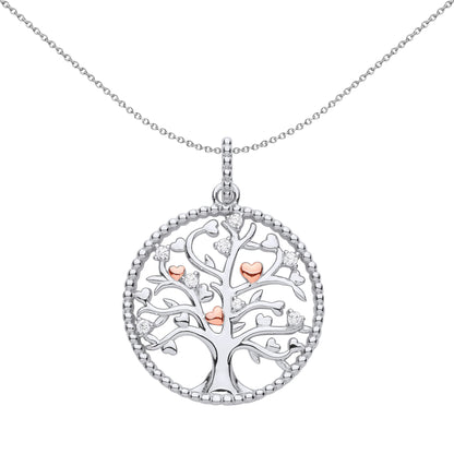 Rose Silver  CZ Bead Circle Tree of Life Hearts Necklace 18" - GVP596