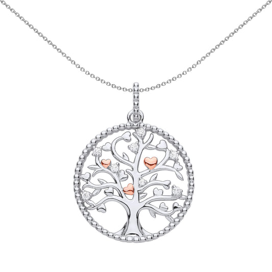 Rose Silver  CZ Bead Circle Tree of Life Hearts Necklace 18" - GVP596