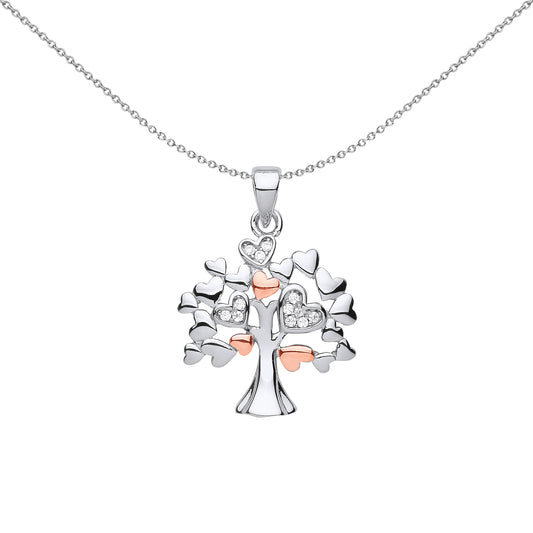 Rose Silver  Love Hearts Tree of Life Pendant Necklace - GVP597
