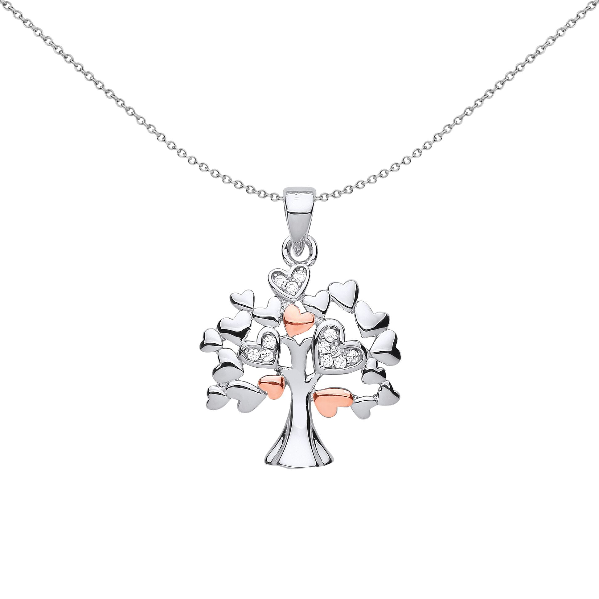 Rose Silver  CZ Love Hearts Tree of Life Pendant Necklace 18 inch - GVP597