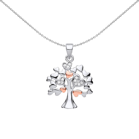 Rose Silver  CZ Love Hearts Tree of Life Pendant Necklace 18 inch - GVP597