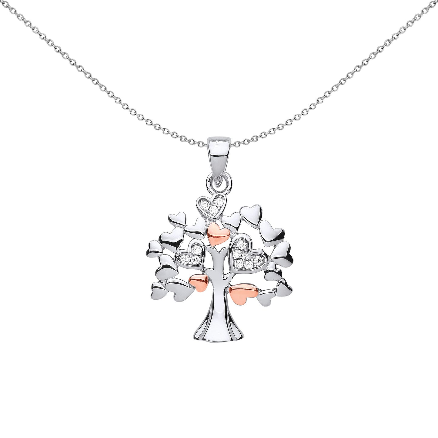 Rose Silver  CZ Love Hearts Tree of Life Pendant Necklace 18 inch - GVP597