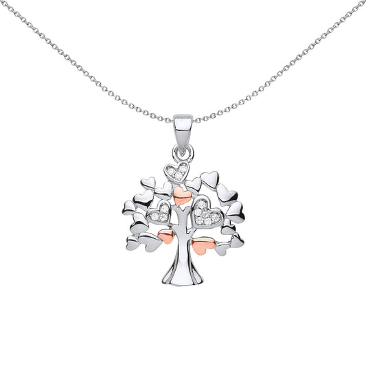 Rose Silver  CZ Love Hearts Tree of Life Pendant Necklace - GVP597