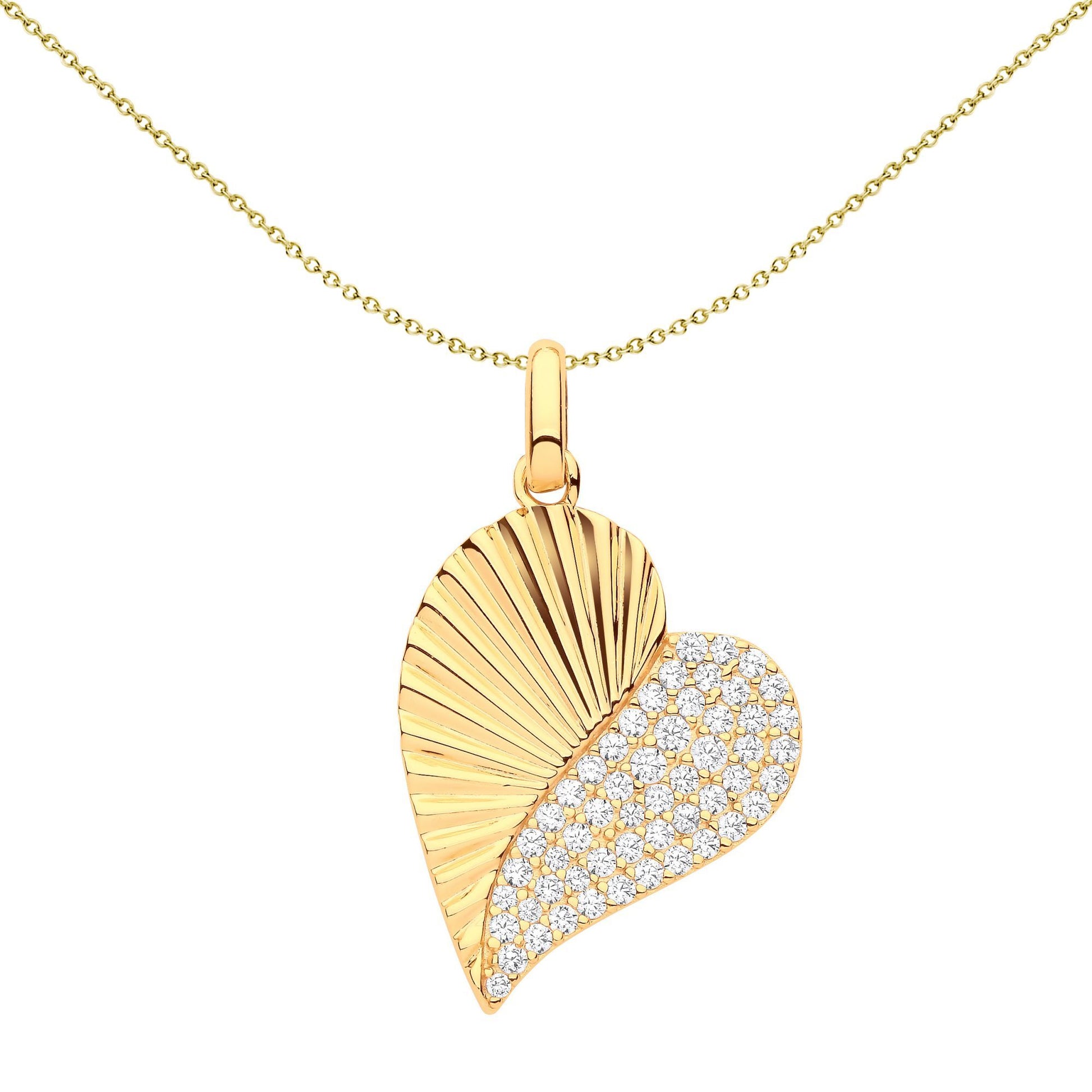 Gilded Silver  CZ Fluted Sunburst Love Heart Pendant Necklace - GVP598