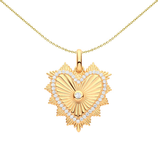 Gilded Silver  Spiky Fluted Sunburst Love Heart Pendant Necklace - GVP599