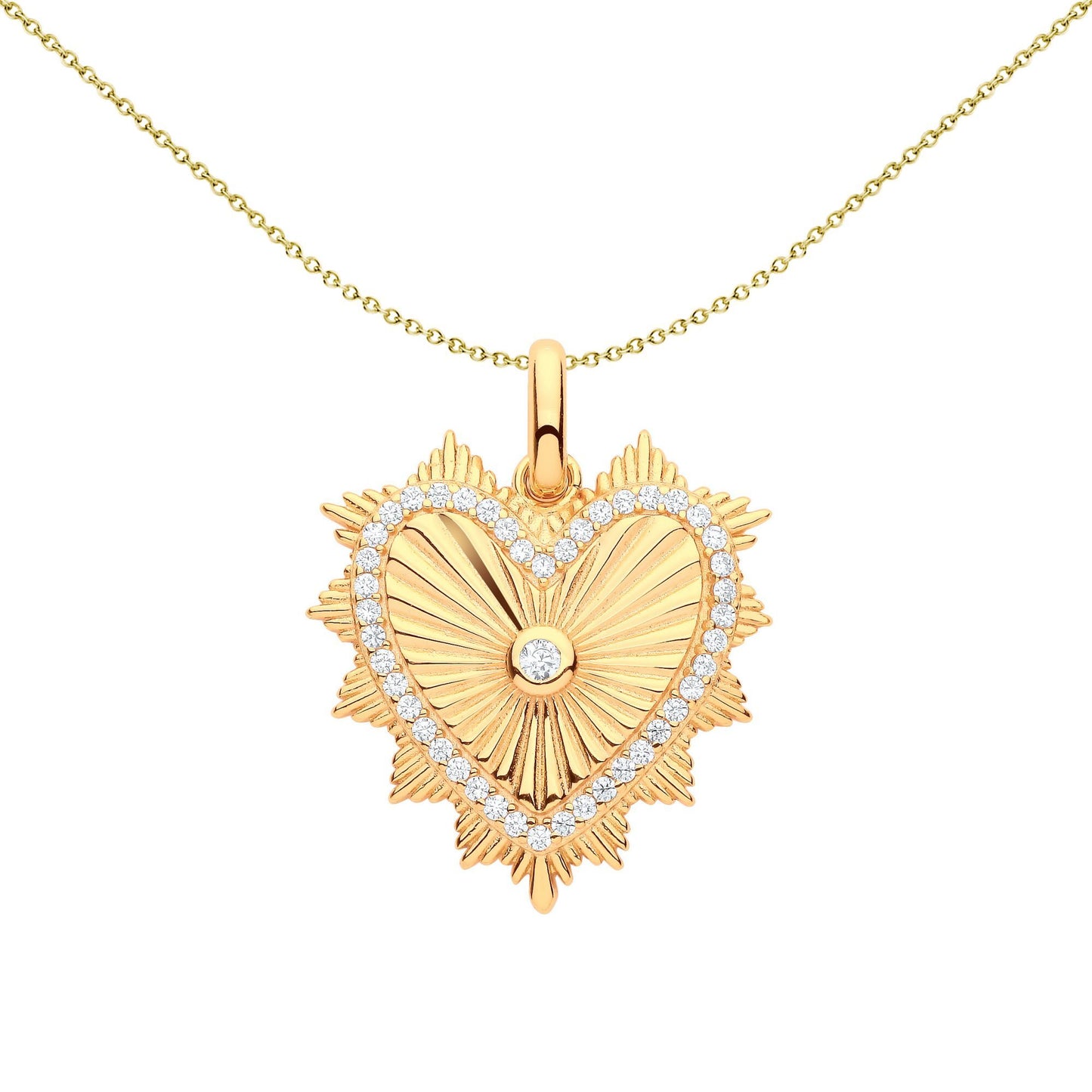 Gilded Silver  CZ Spiky Fluted Sunburst Heart Pendant Necklace - GVP599