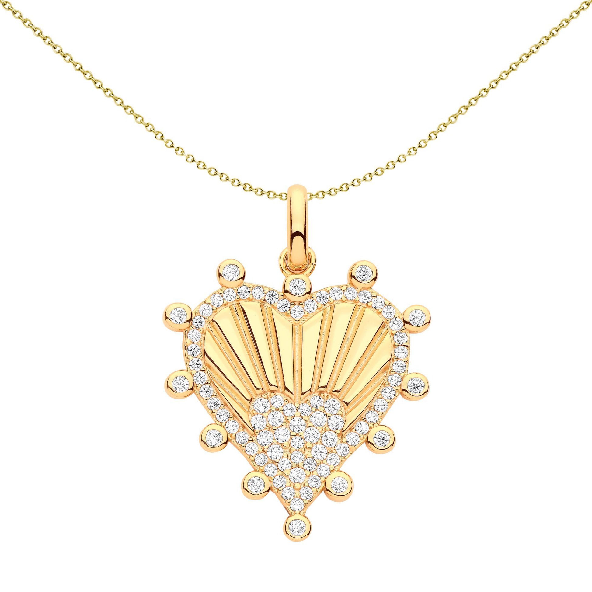 Gilded Silver  CZ Fluted Sunburst Bubbly Heart Necklace - GVP600