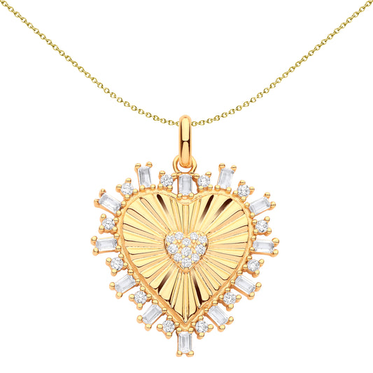 Gilded Silver  Fluted Sunburst Love Heart Cluster Pendant Necklace - GVP601