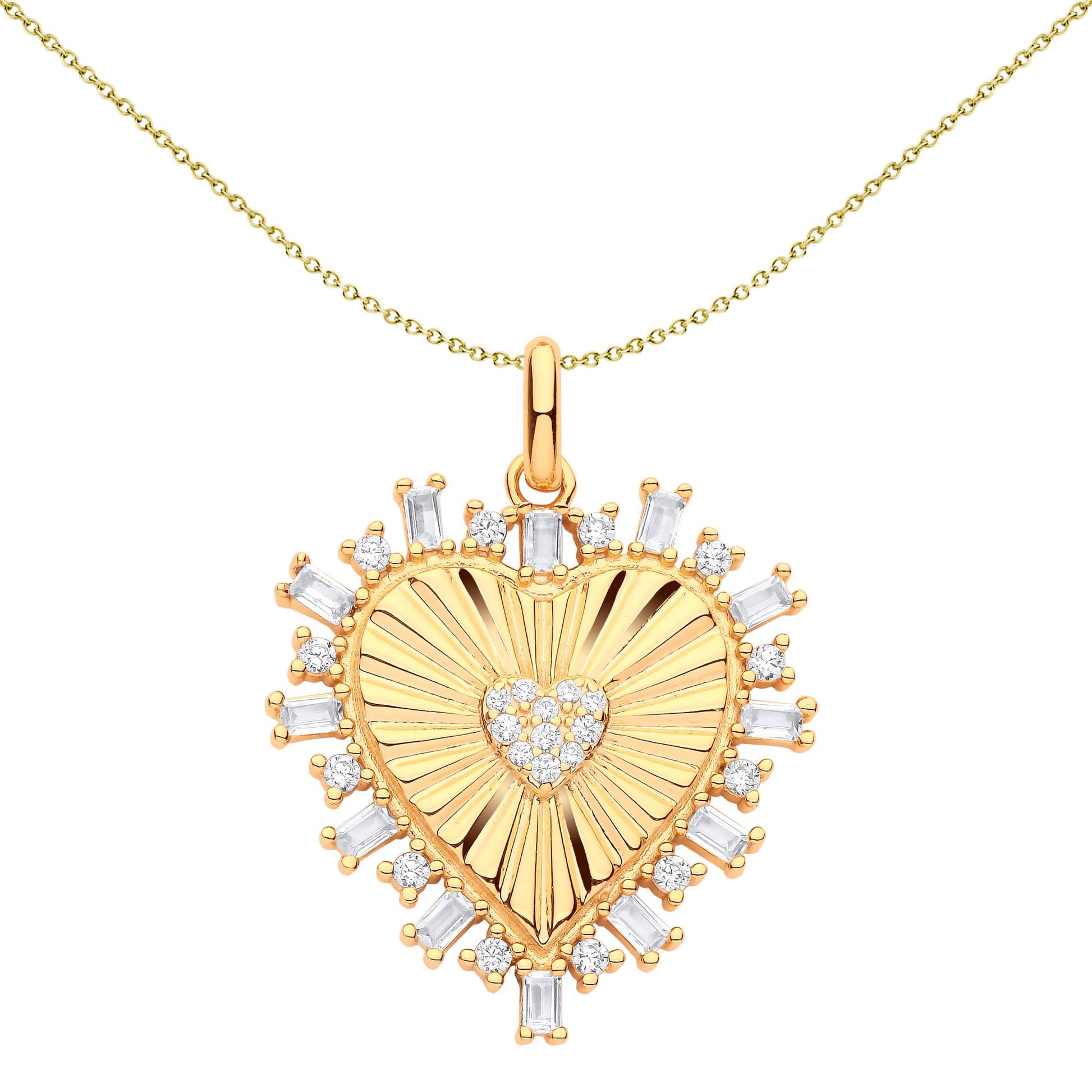 Gilded Silver  CZ Fluted Sunburst Heart Pendant Necklace 18" - GVP601