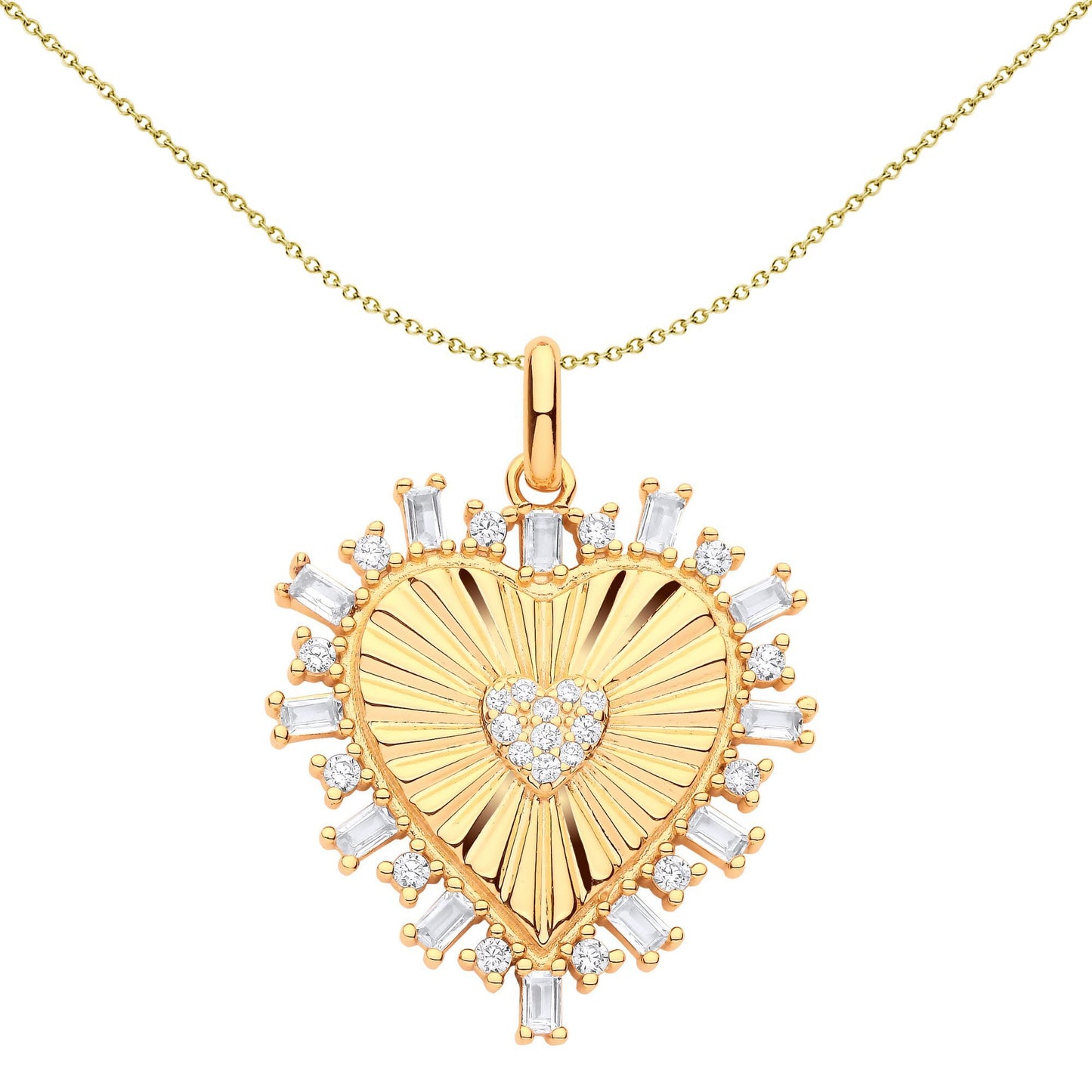 Gilded Silver  CZ Fluted Sunburst Heart Pendant Necklace - GVP601