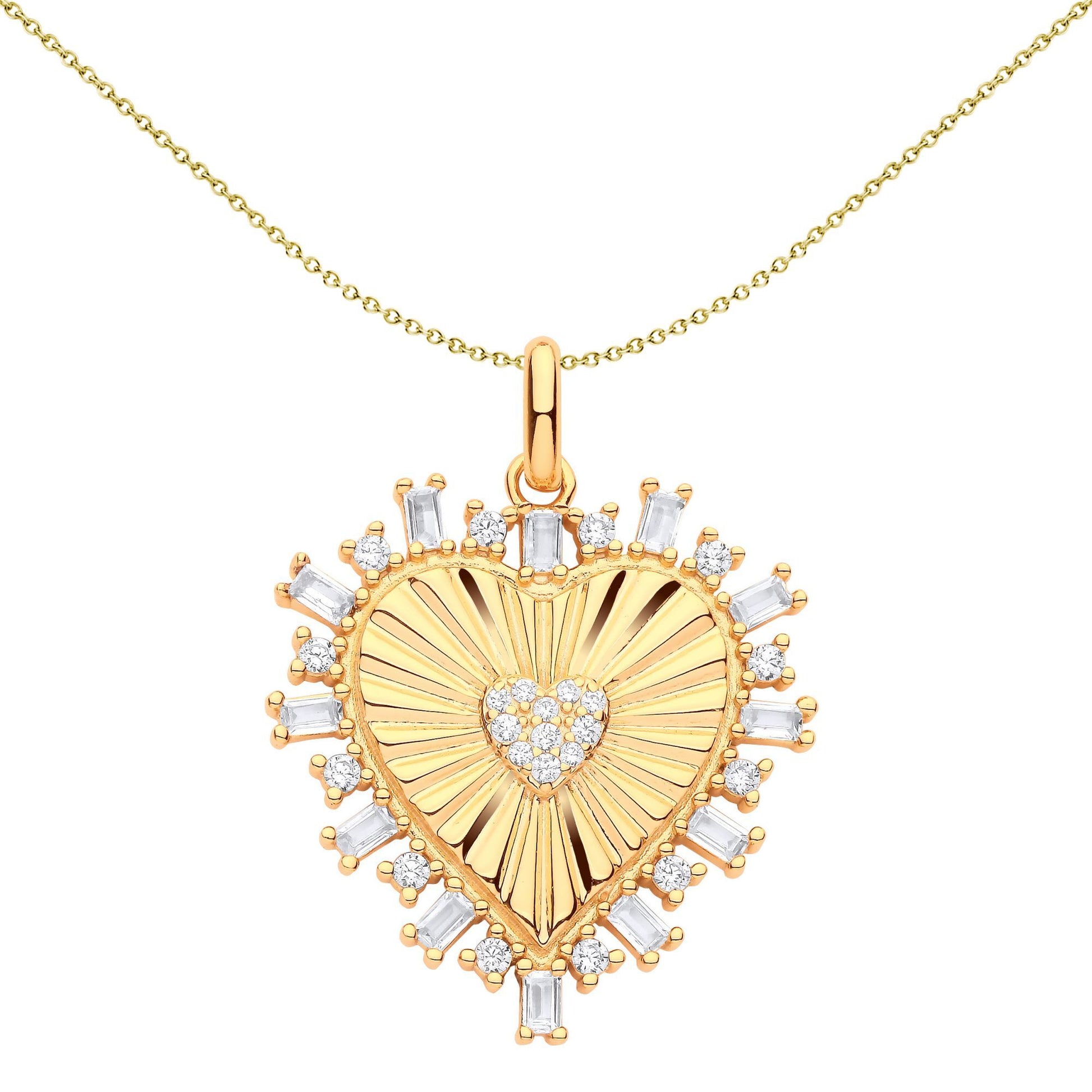 Gilded Silver  CZ Fluted Sunburst Heart Pendant Necklace - GVP601