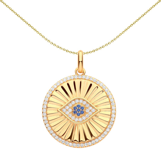 Silver  Blue CZ Fluted Sunburst Anti Evil Eye Circle Necklace - GVP604