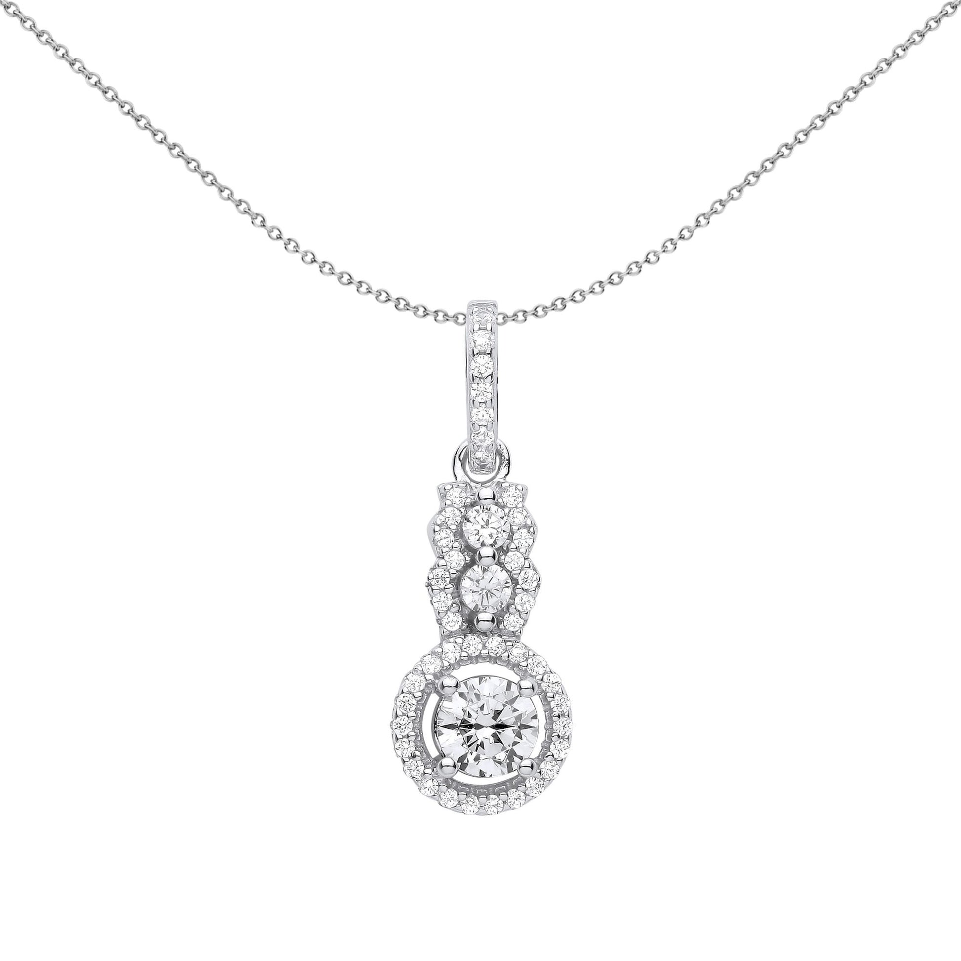 Silver  CZ Halo Solitaire Engagement Ring Style Necklace 18" - GVP605