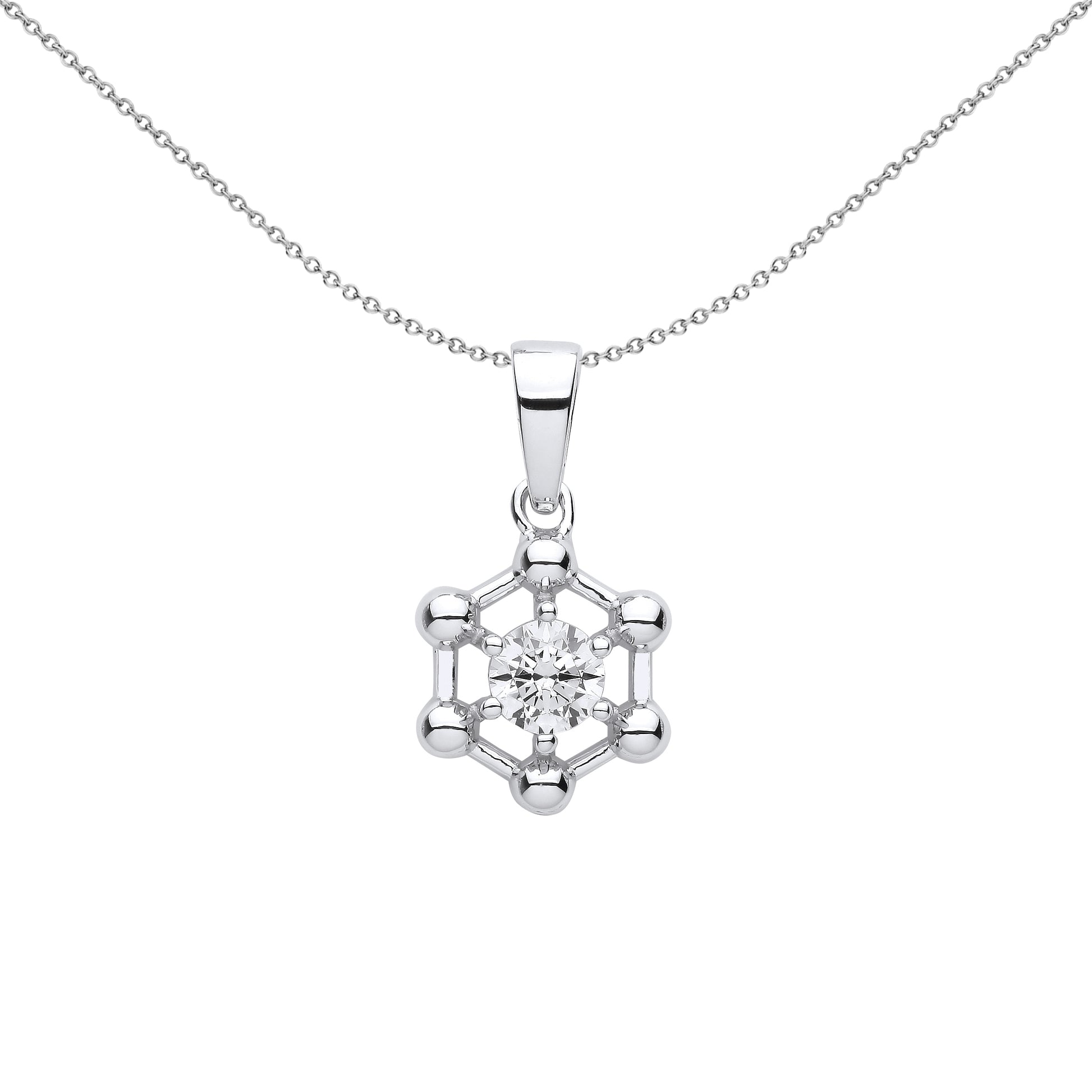 Silver  CZ Hexagon Molecular Structure Pendant Necklace 18 inch - GVP606