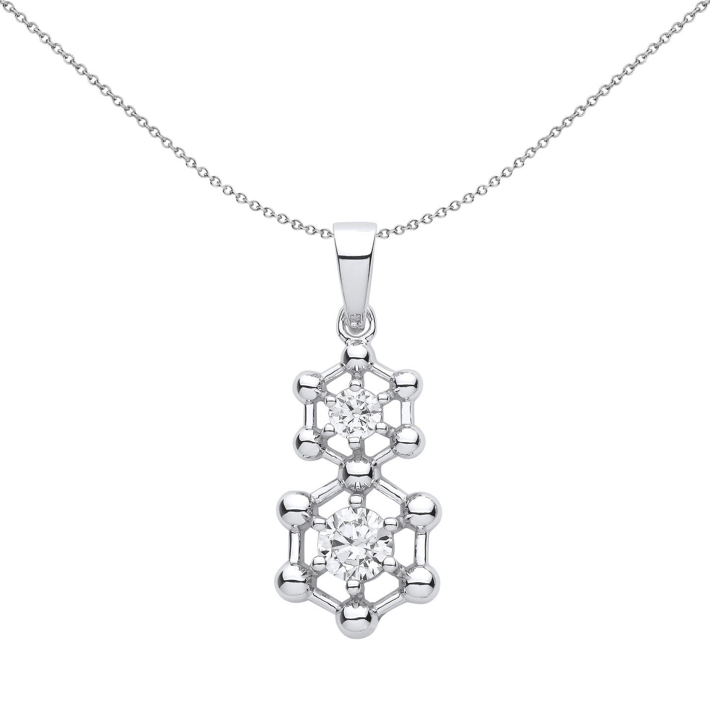 Silver  CZ Double Hexagon Molecular Structure Pendant Necklace 18" - GVP607