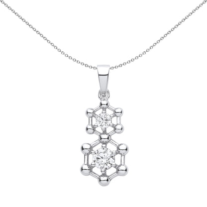 Silver  CZ Double Hexagon Molecular Structure Pendant Necklace 18" - GVP607