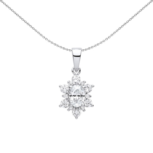 Silver  Oval Snowflake Cluster Pendant Necklace - GVP609