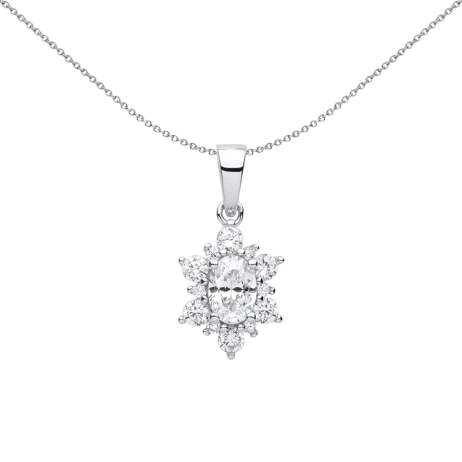 Silver  Oval CZ Oval Snowflake Cluster Pendant Necklace - GVP609