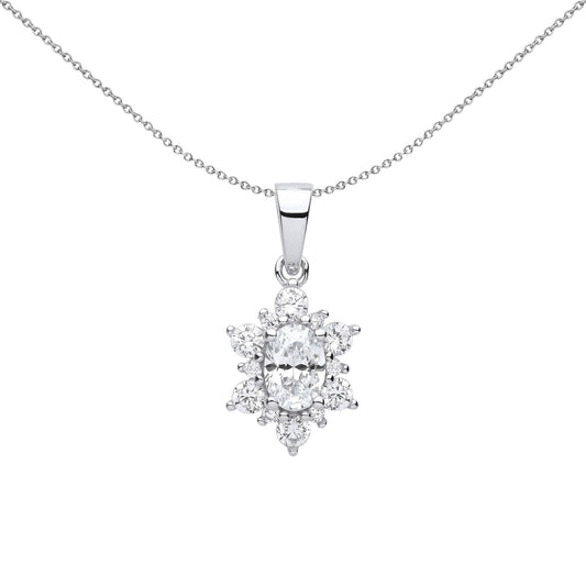 Silver  Oval CZ Oval Snowflake Cluster Pendant Necklace - GVP609