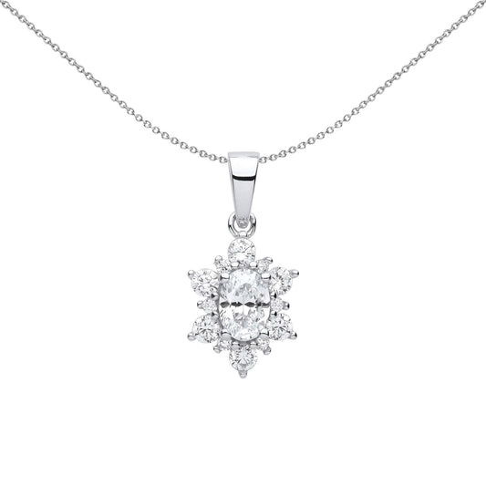 Silver  Oval CZ Oval Snowflake Cluster Pendant Necklace 18 inch - GVP609