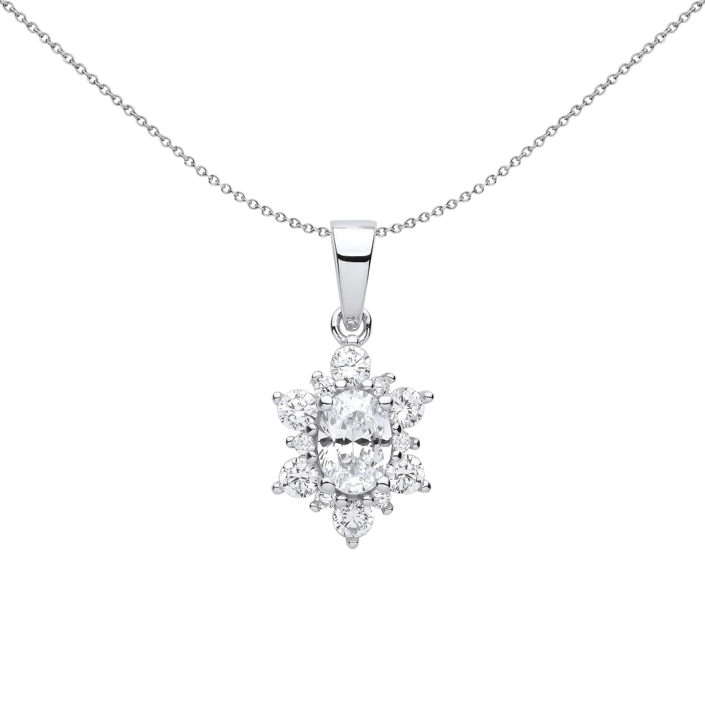 Silver  Oval CZ Oval Snowflake Cluster Pendant Necklace 18 inch - GVP609