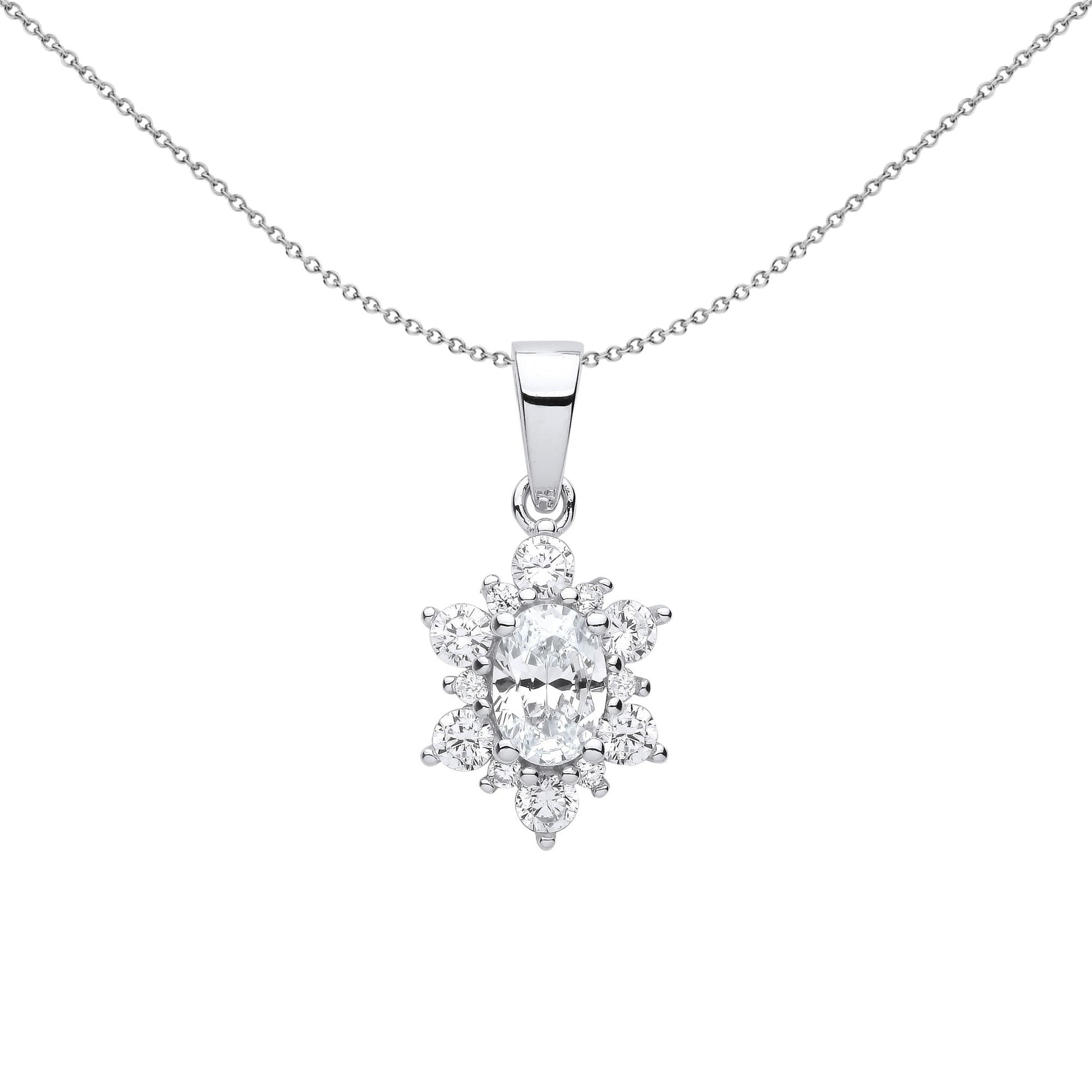 Silver  Oval CZ Oval Snowflake Cluster Pendant Necklace 18 inch - GVP609
