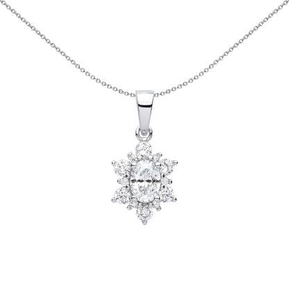 Silver  Oval CZ Oval Snowflake Cluster Pendant Necklace 18 inch - GVP609