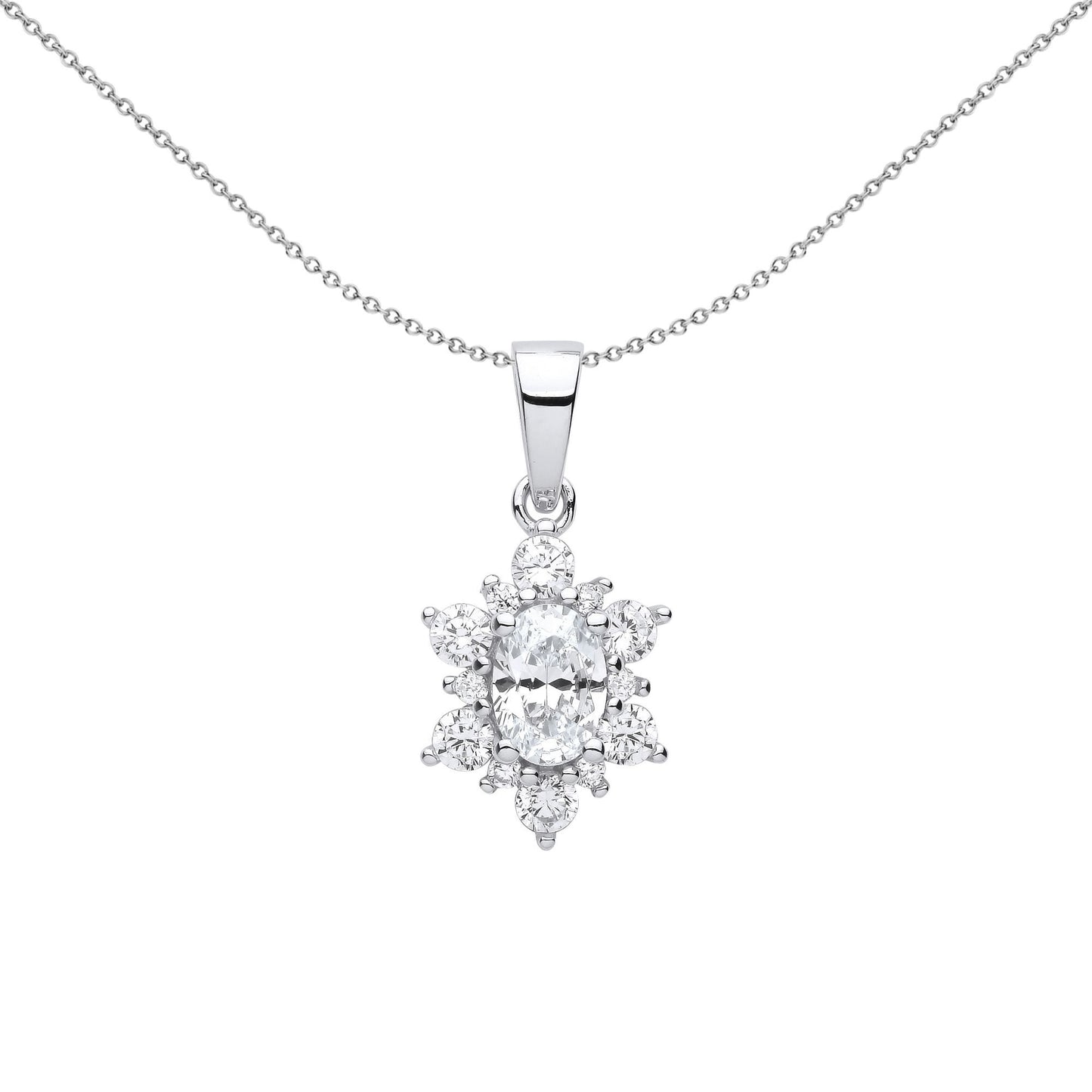 Silver  Oval CZ Oval Snowflake Cluster Pendant Necklace - GVP609