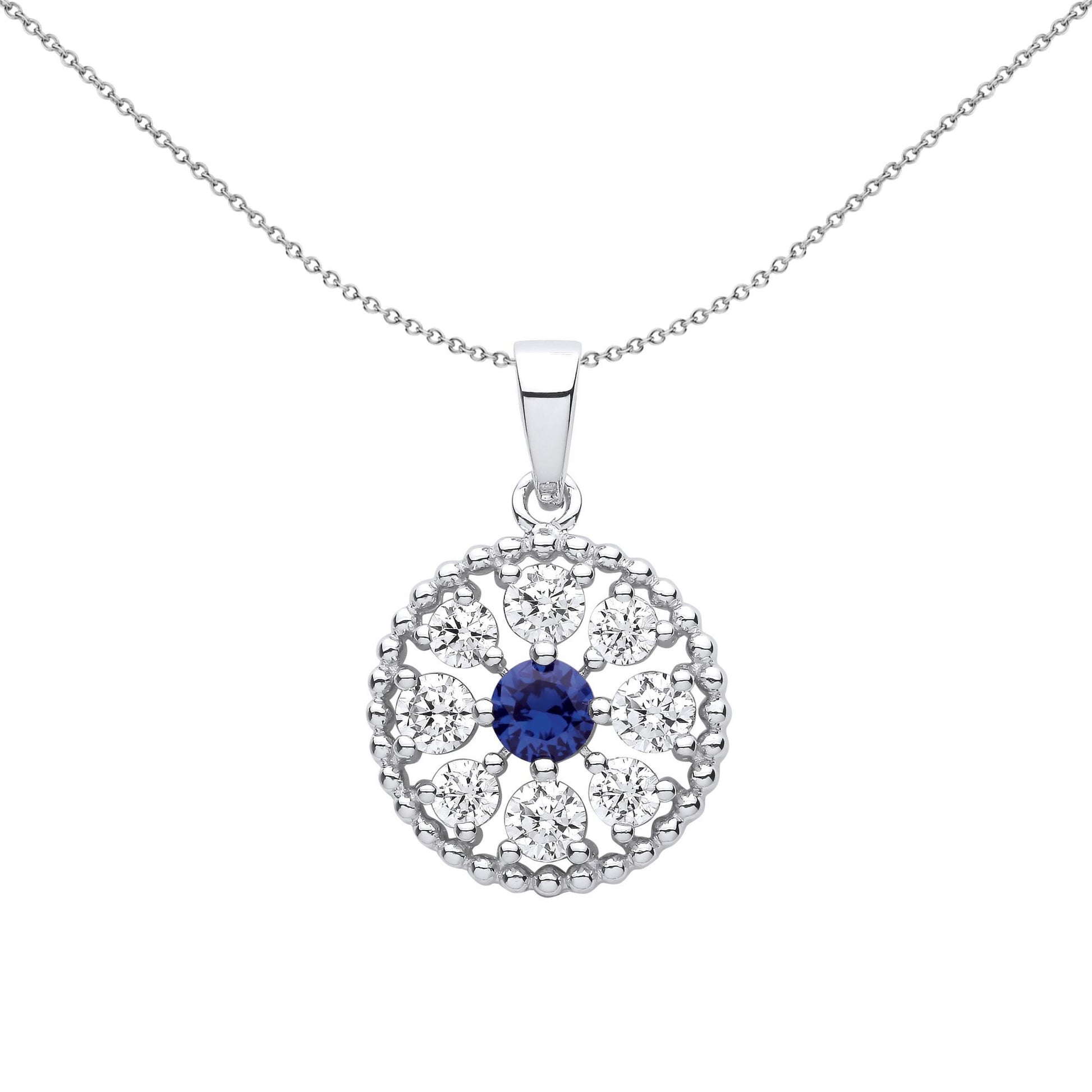 Silver  Blue CZ Beady Blue Eyes Circle Pendant Necklace - GVP618