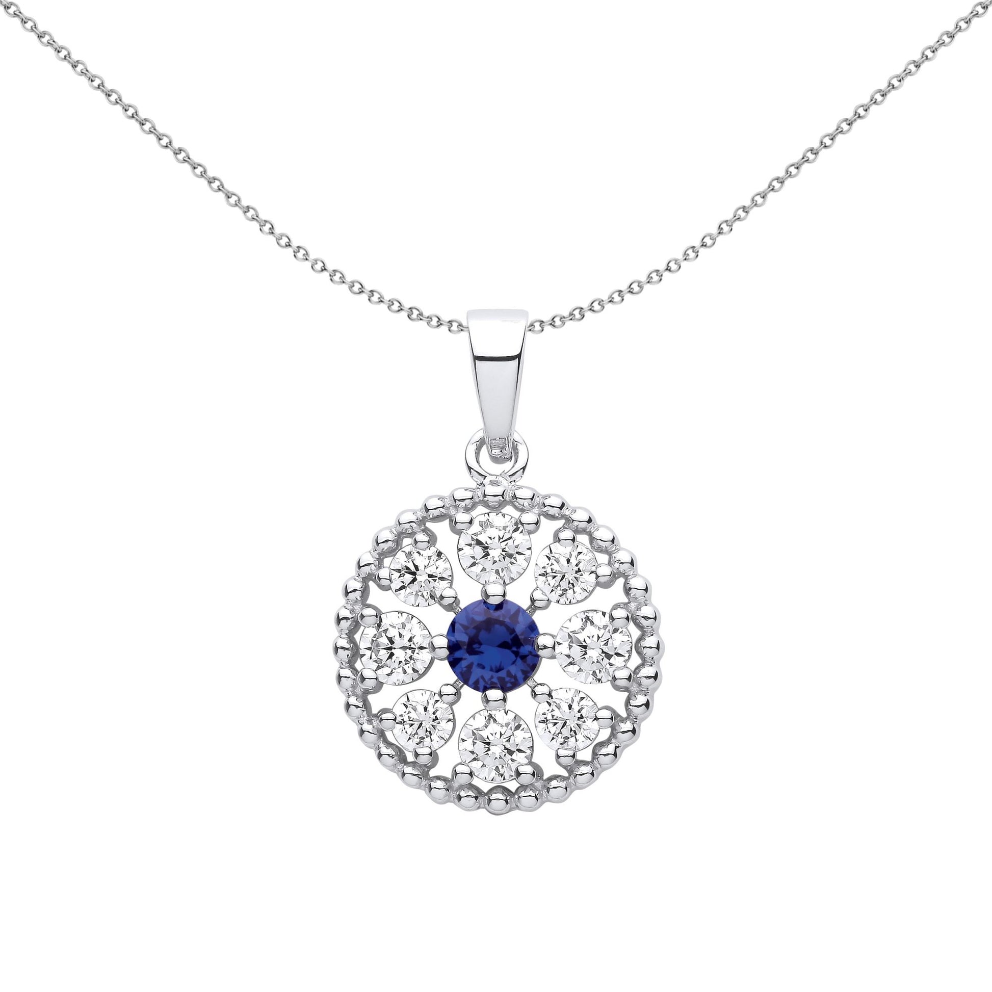 Silver  Blue CZ Beady Blue Eyes Circle Pendant Necklace 18 inch - GVP618