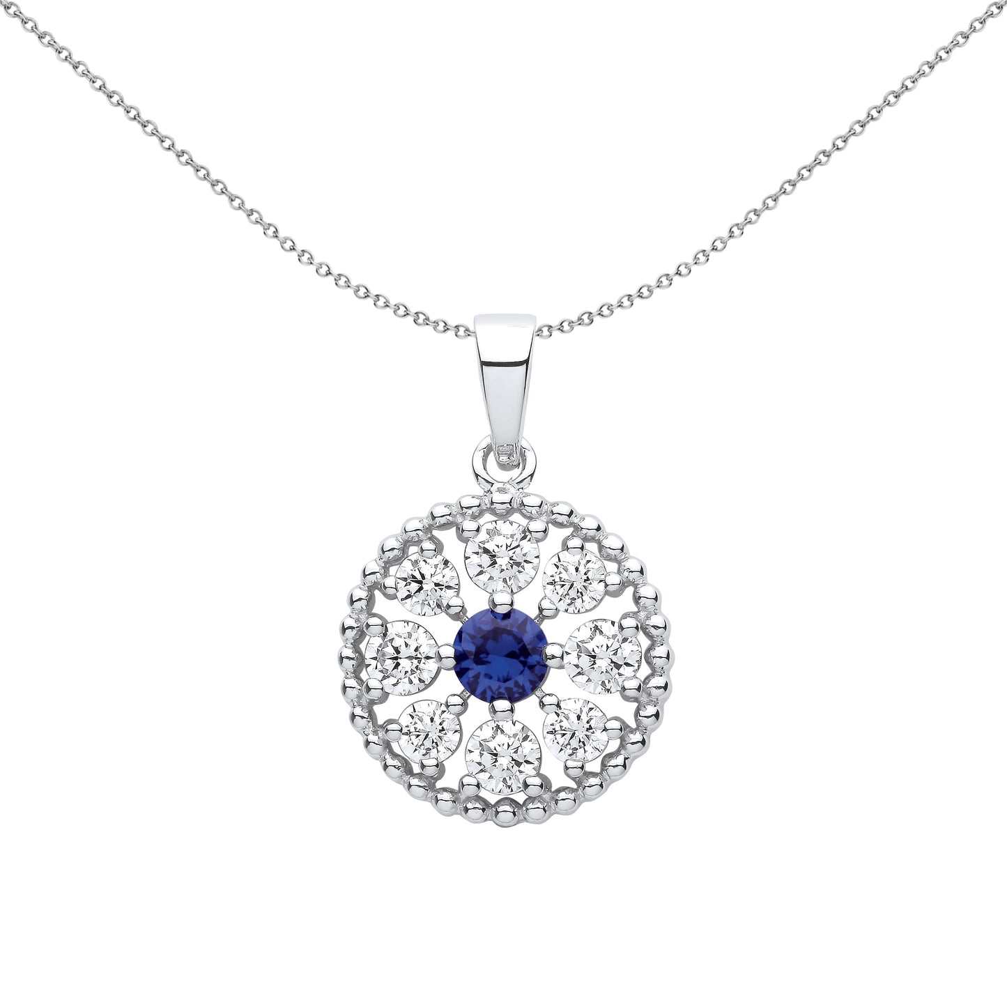 Silver  Blue CZ Beady Blue Eyes Circle Pendant Necklace 18 inch - GVP618